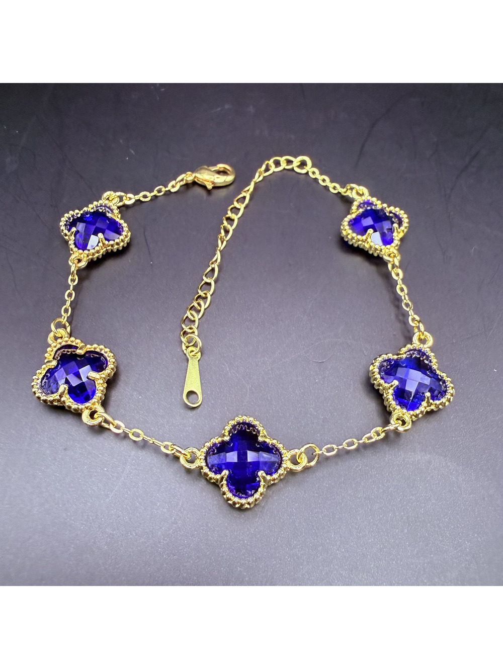 candy+clover blue facted clover crystal gold tone bracelet